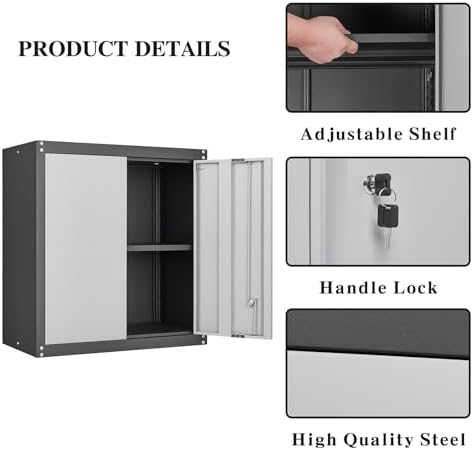 GREATMEET Lockable Storage Cabinet, Metal Garage Storage Cabinets, Metal Wall Cabinet for Garage, Wall Mount Cabinet with Lock and Adjustable Shelf, Floating, Black&Grey - Image 4