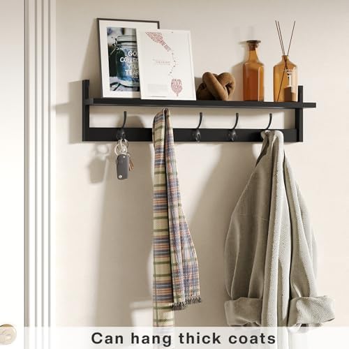 BAMEOS Wall-Mounted Shelf with Hooks - 28.9 Inch Entryway Hanging Shelf with 5 Dual Hooks for Bathroom, Living Room, Bedroom (Black) - Image 2