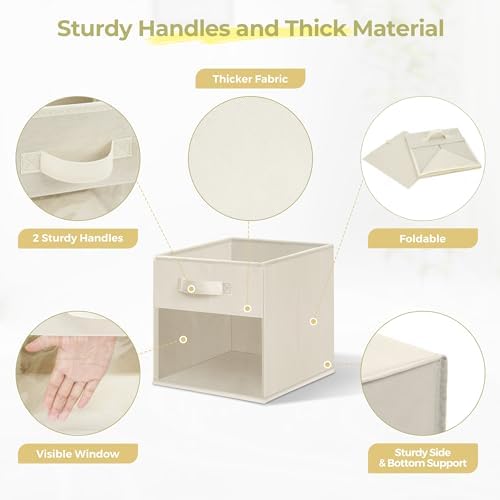 Storage Bins with Clear Window, 11x11 Storage Cubes, Collapsible Cube Storage Box, Fabric Closet Organizers with Handles for Home, Office, Shelf, Closets, Living Room, Beige, 12 Pack - Image 4