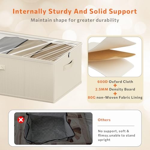 10inch 3 Pack Under Bed Storage Containers, 10 Inch Tall Underbed Clothes Storage Organizer Bin with Clear Window，Foldable Box Basket for Clothes, Closet, Bed Sheets and Blankets Beige - Image 4