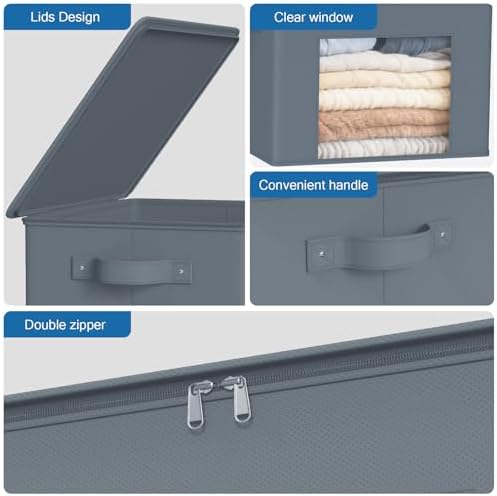 Zilink Fabric Foldable Storage Boxes with Lid Storage Bins, Grey, 4Pack - Image 3