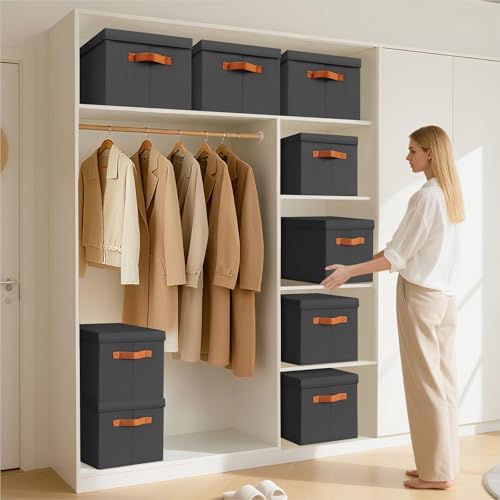 Homsorout Storage Bins with Lids - Fabric Storage Baskets for Shelves, 8 Pack Foldable Decorative Boxes with Handles, Stackable Organizer Bins for Home, Nursery, Dorm, Black - Image 4