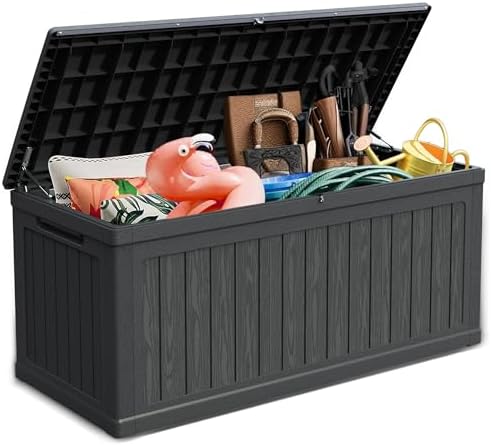 320 Gallon Outdoor Storage Deck Box, Waterproof Resin Deck Boxes with Handle & Lockable for Patio Furniture, Garden & Pool Tools -Swimming Pool, UV Resistant, Black (320) by Kdymod
