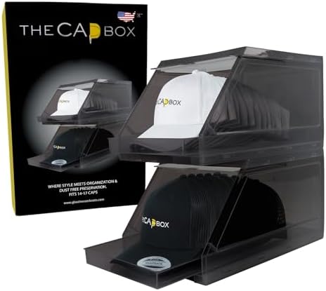 The CapBox 2.0 (2 Pack Clear) Hat Organizer for Baseball Caps, Stackable Sliding Tray Hat Rack & Hat Holder Hat Hanger Cap Storage Container 2 Yr. Warranty Anti Tilting & Tray Stop (Black Transparent) by GlasshouseClosets-TheCapBox