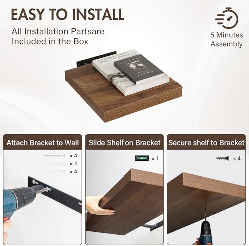 Acovy 12 Inch Floating Shelves, 12" Deep Floating Shelf Wall Mounted, 12" Wall Shelves, Rustic Deep Bookshelf, Extra Deeper Display Shelves & Storage Shelves for Bedroom, Living Room, Set of 3 - Image 6