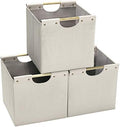 HOONEX Collapsible Storage Bins, 13x13x13in Storage Cubes Linen Fabric, 3 Pack, Storage Baskets with Wooden Carry Handles and Sturdy Heavy Cardboard, for Home, Office, Car, Nursery, Beige by HOONEX