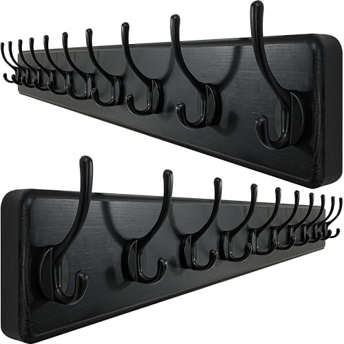 WEBI Coat Rack Wall Mount,10 Hooks,38 9/16" Long Coat Hooks Wall Mounted,16" Hole to Hole,Large Wood Coat Hanger Wall,Hook Rack for Hanging Coats,Jacket,Clothes,Hats,Black,2 Packs by WEBI
