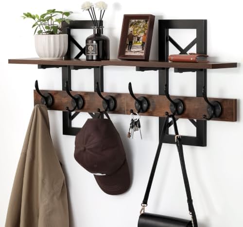 33.86" Wall Mounted Coat Rack with Shelf, Heavy Duty Entryway Wall Organizer with 6 Dual Hooks and Key Holder, Rustic Wood Coat Hanger for Coats, Bags, Hats, Hallway, Mudroom, Bathroom (Brown) by VOMICEAK