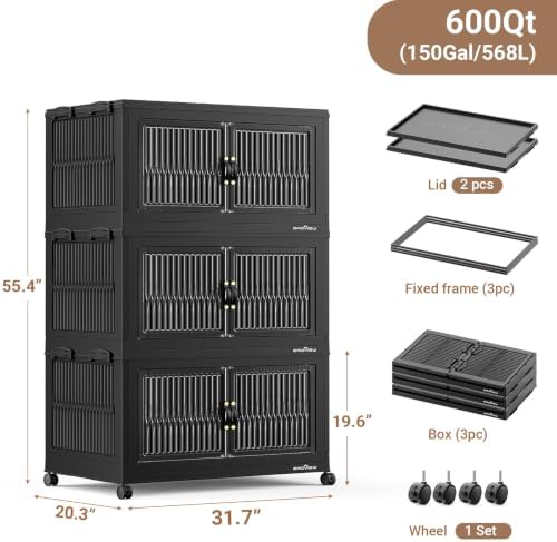 BROVIEW 600Qt Stackable Storage Bins with Lid for Home Dorm, 3Pack Black - Image 2