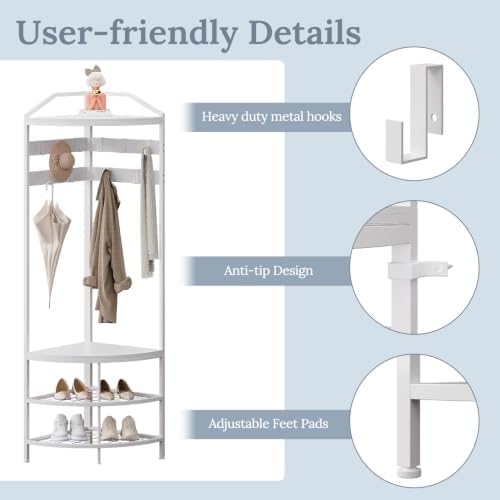 GiftGo Corner Hall Tree with Shoe Bench Entryway Coat Rack with 10 Metal Movable Hooks Freestanding Clothes Rack Shoes Shelf Organizer for Home Office Bedroom (White) - Image 5