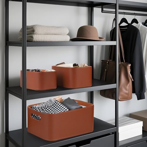 HofferRuffer Faux Leather Storage Baskets Bins with Velvet Lining for Organizing, Storage, Gifts, Set of 3 Nesting Shelf Baskets Decorative Storage Boxes for Home Organization (Brown) - Image 5