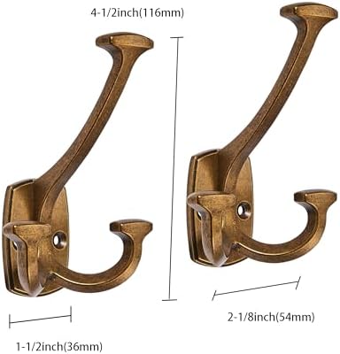 10 Pack Antique Brass Hooks Large Wall Mounted Solid Heavy-Duty Decorative Double-Sided Coat Hooks for Triple Coat Hook Towels Coats Robes Towels Bag Bathroom Three Prong Coat Hook - Image 2