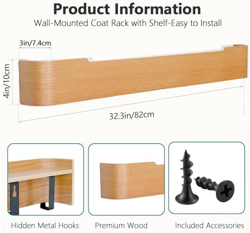 Coat Rack Wall Mount with Hidden Hooks Modern Key Holder Wood Entryway Hook with Shelf for Bedroom Kitchen Hallway Bathroom Designed for Hanging Coats Hats Bags Towels Dog Leashe(Oak,8 Hooks) - Image 3