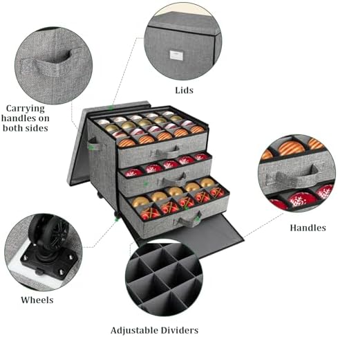 Lukeline Christmas Ornament Storage Box with Wheels, Stackable Christmas Ornament Organizer with 3 Drawer Trays, Openable Ornament Organizer for Storing Decorations, Portable Christmas Ball Box - Image 3