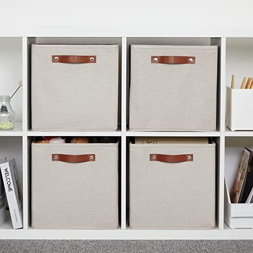 DULLEMELO 12inch Cube Storage Baskets for Shelves Closet Storage,Sturdy Home Organization Bins for Gifts Empty,Foldable Fabric Storage Cubes Baskets for Nursery Toys Clothes Storage(Beige-4 Pack) - Image 6
