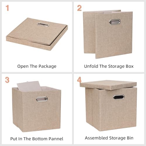 Storage Bins with Lids, Linen Fabric Boxes Organizer Containers with Lid Foldable Storage Box Basket for Closet, Shelves, Home, Office, 12 x 12 x 12 Inch, 4 Pack, Khaki, AG3006-7 - Image 4