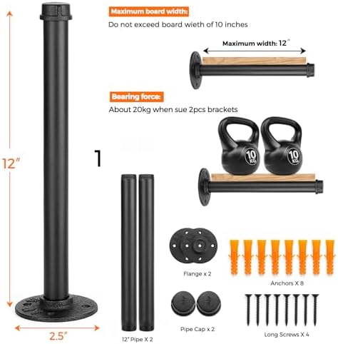 12 Inch Black Industrial Pipe Floating Clothing Rack Wall Mounted, 6 Pack - Image 2