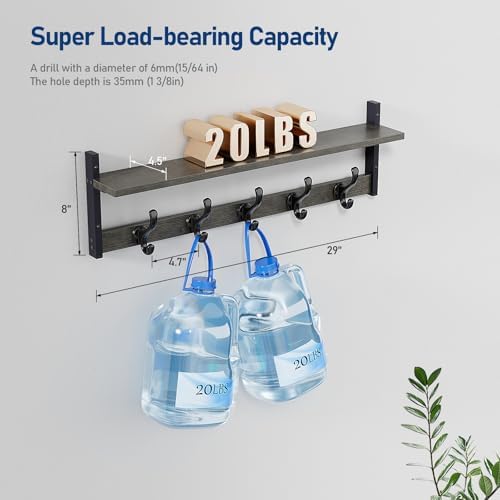 Tatub 29" Rustic Coat Rack Wall Mount with Shelf, Entryway Wall Hooks with Shelf, Coat Hangers for Bathroom, Living Room, Bedroom, Dark Grey - Image 7