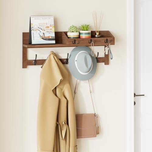 AMBIRD Wall Hooks with Shelf, 26.57 Inch Entryway Wood Coat Hooks for Wall with Shelf, Coat Rack Wall Mount with 5 Dual Hooks 3 Key Hooks Mail Organizer and Key Rack Holder (Brown) - Image 4