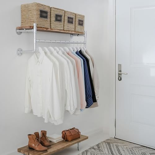 WEBI Wall Mounted Clothes Rack with Shelf,41.3" Industrial Pipe Clothing Rack with Shelf with Hanging Rod,Heavy Duty Iron Garment Rack Bar,Retail Display Clothes Rod for Laundry Room,Closet,Silver - Image 2