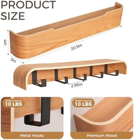 Coat Rack Wall Mount with Shelf Entryway Shelf Modern Key Holder Hanger Wall Shelves with Hidden Hooks for Hanging Towels Coats Hats Bags for Hallway Bathroom Bedroom (Oak, 5 Hooks) - Image 2