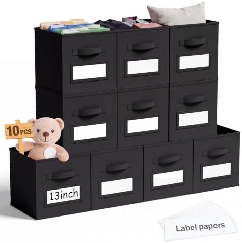 Teenyyou 10 Pack Fabric Storage Cubes 13 Inch Collapsible Cube Bins with Label Window & Handle Foldable Organizers Baskets for Shelf Closet Nursery Kids Room Clothes Book Toy(Black) by Teenyyou