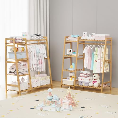 BAMBOOHOMIE Kids Clothing Rack with Shelves, Bamboo Clothes Garment Rack for Kids Child Baby, Kids Dress Up Storage Rack with Top Shelf, Toddlers Wardrobe Closet for Nursery (Medium Size) - Image 5