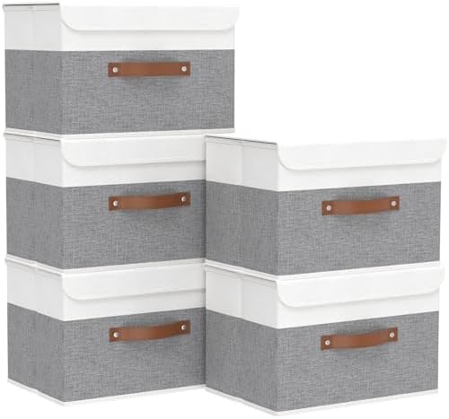 Yawinhe Storage Bins with Lids,White/Grey,17.7x11.8x11.8in,5-Pack by Yawinhe