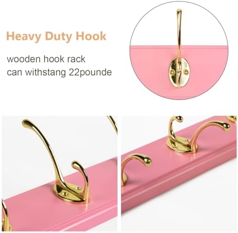 Wall Mount Bamboo Coat Rack, 17 Inch, 4 Double Hooks,2 Pack, Pink and Gold - Image 6