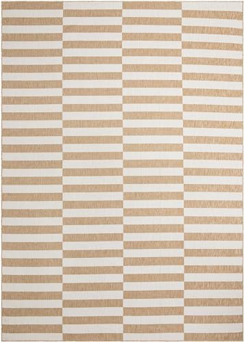 Unique Loom Outdoor Striped Collection Area Rug - Striped (10' x 14' 1" Rectangle Taupe/Ivory) - Image 3