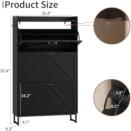 Xixini Shoe Storage Cabinet with 3 Flip Drawers, Entryway Shoe Rack, Black - Image 2