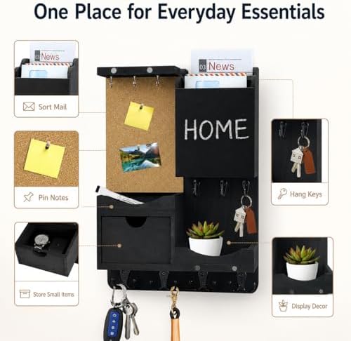 Key Holder Wall Mount with Drawer and Mail Organizer, Black - Image 6