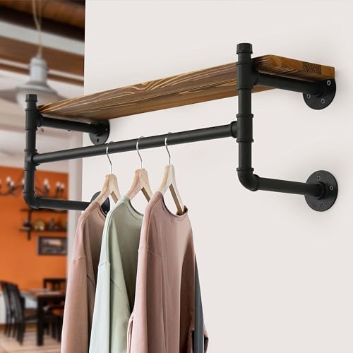 WEBI Wall Mounted Clothes Rack with Shelf,24" Industrial Pipe Clothing Rack with Shelves,Heavy Duty Iron Garment Bar,Retail Display Clothes Rod for Laundry Room,Black - Image 5
