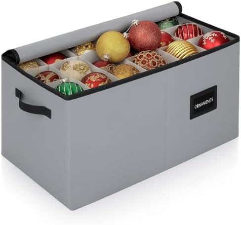 Christmas Ornament Storage Container with Dividers - Box Stores Up to 54 Ornaments, Zippered, Convenient, Adjustable, Large Organizer Bin to Protect Holiday Décor, Fits Most Standard Size, Grey by HOLDN%E2%80%99STORAGE
