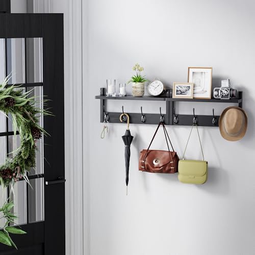 STELLSTAR Coat Rack with Shelf, 2 Pack Bamboo Wall-Mounted Coat Hanger with 8 Hooks for Entryway, Hallway, Kitchen, Bathroom, Living Room, Utility Room (Black) - Image 2