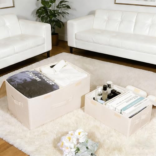 2 Pack Storage Boxes with Lids and Handles, Collapsible Linen Storage Bins Organizer Containers Baskets Cube with Removable Divider for Home Bedroom Closet Office (Cream, Large) - Image 4