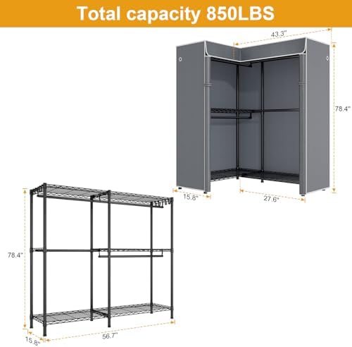 ULIFHOME E15C Garment Rack L Shaped Clothes Rack for Corner，Freestanding Clothing Racks for Hanging Clothes，Heavy Duty Closet Organizer 43.4"W x 15.8"D x 78.4"H，Black Rack with Grey Dustproof Cover - Image 3
