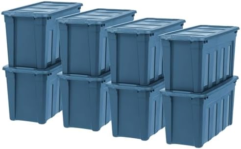 IRIS USA 31 Gallon Eco-Friendly Heavy Duty Storage Totes with Easy-Grip Handles, 8 Pack - Large Bins with Lids Garage Organizing Tubs, Durable Stackable Utility Containers, Made in USA - Navy by IRISUSA