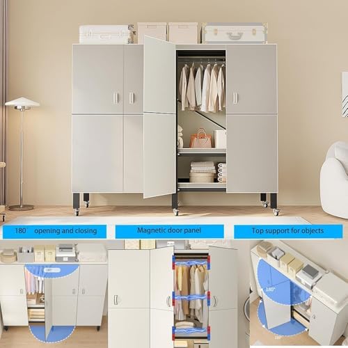 Foldable Portable Closet Wardrobe on Wheel 2000Ibs Heavy-Duty Clothe Rack with Cover Freestanding Metal Clothing Rack Armoire Storage System Rolling Garment Racks (off white, 49.2in) - Image 4