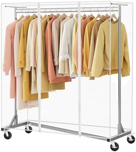Hoctieon Z Clothes Rack with Cover, Metal Heavy Duty Clothing Rack, Rolling Garment Rack with Wheels, with Dustproof Cover Waterproof Protector, with 2 Durable Zippers, for Hanging Clothes, Grey by Hoctieon