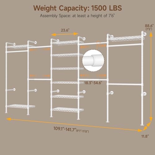 ONBRILL H5 Wall Mounted Closet System, Industrial Pipe Clothes Rack, White - Image 2