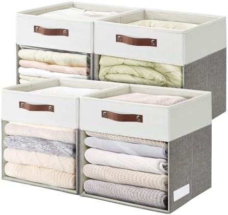 Bagnizer Storage Cubes, 4 Pack Linen Foldable Storage Bins with Clear Window and 2 Handles, 13x15x13 Storage Cube Bins for Shelf Closet, Kallax, Clothes, Books - (Gray / Off-White) by Bagnizer