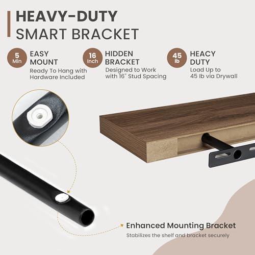 Acovy 48 Inch Floating Shelves, 8 Inch Deep Floating Shelves for Wall, Hanging Shelf with Invisible Brackets, Deep Shelves for Bathroom, Bedroom, Living Room, Walnut, Set of 1 - Image 5