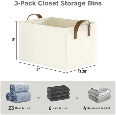 Closet Storage Bins, Fabric Closet Organizers and Storage Basket for Shelves, Collapsible Shelf Baskets for Organizing Shelves, Bedroom Clothes Basket, Beige, 3 Pack - Image 7