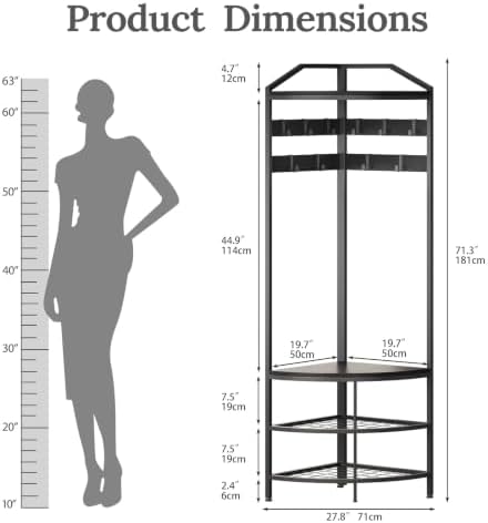 GiftGo Corner Hall Tree with Shoe Bench Entryway Coat Rack with 10 Metal Movable Hooks Freestanding Clothes Rack Shoes Shelf Organizer for Home Office Bedroom (Black) - Image 3
