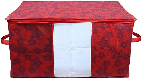 Kuber Industries Foldable Underbed Storage Bag|Organizer For Clothes Large|Non-Woven Comforter, Blanket Cover|Metalic Print & Side Handle|Pack of 12 (Red) - Image 2