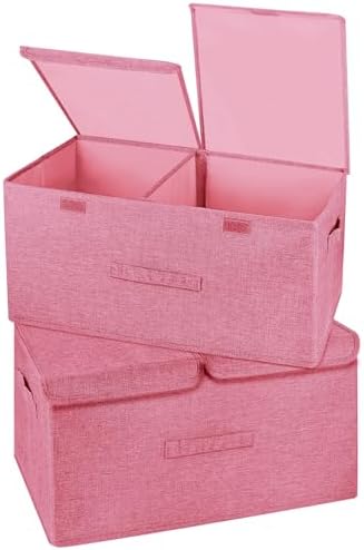 2 Pack Storage Boxes with Lids and Handles, Collapsible Linen Storage Bins Organizer Containers Baskets Cube with Removable Divider for Home Bedroom Closet Office (Pink, Large) by Unknown