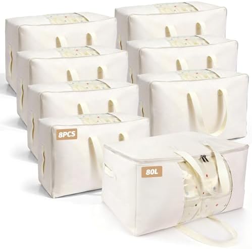 Soft Large Canvas Storage Bags with Zipper. Thick Breathable. Four Carrying Handles and Window. Cotton Linen Storage for Pillows, Quilt, Blankets and Comforter, 80L, Beige by Unknown
