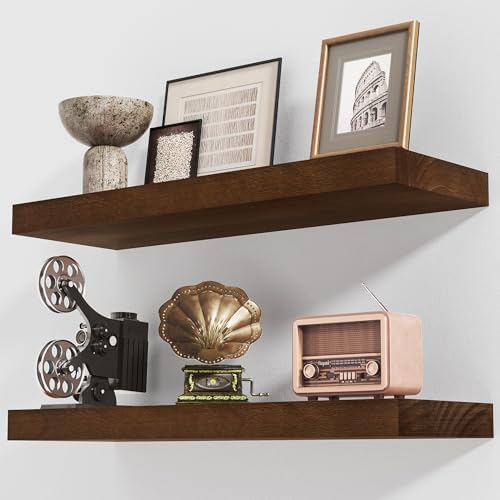 Axeman Floating Shelves, 2 Pack 8 Inch Deep Rustic Solid Wood Wall Shelves for Storage, Wall Mounted Display Shelving with Invisible Heavy-Duty Metal Bracket, 24" W x 8" D x 1.57" H, Walnut Finish by Axeman