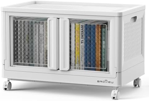 BROVIEW 80Qt Storage Bin with Lid, 20Gal Plastic Stackable Collapsible Storage Bins with Doors Wheels, Closet Organizers and Storage, Foldable Box Cabinet for Home Office Garage,1Pack White Cube by BROVIEW-EnjoytheArtofLife